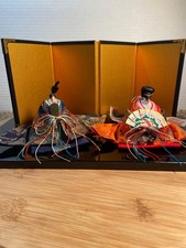 Vintage Japanese Hina Ningyo Emperor & Empress Dolls with Gold Screen 10.5” Base picture