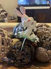 Vintage Flocked Bunny Rabbit Blue Fuzzy blow mold figure florist pick Easter 70s picture