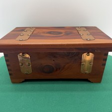 Vintage Cedar Wooden Keepsake Box w/Ornate Copper Tone Metal Straps picture