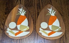 2 Mid Century Modern 1960s Atomic Tear Drop Pineapple Walnut Wall Hang Plaques  picture