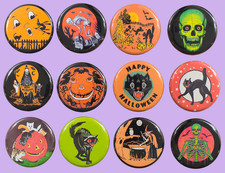 Retro Halloween Buttons Set of 12 Pins Badges Free Returns classic designs picture