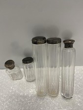 Vintage Mappin Brothers Glass Vanity Bottle Set Of 5 Sterling Silver Lids UK picture