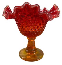 Fenton Glass Ruffled Rim Hobnail Pedestal Candy Dish Bowl 6.25