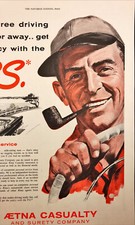1955 Aetna Casualty Auto Insurance Vintage Print Ad Man with Pipe Driving Car picture
