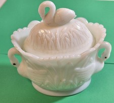 Antique Westmoreland Specialty Co. Prepared Mustard Swan Opal Milk Glass Jar  picture