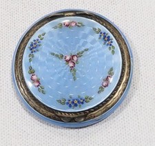 Vintage Victorian sterling 925 blue guilloche enamel w pink flowers compact rare picture