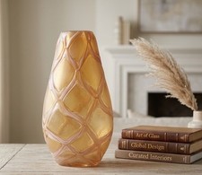 Global Views MCM Amber Gold Sanded Vase Reticulated Case 13” Art Glass Lattice picture