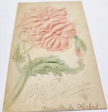 Antique Congratulations Greetings Postcard Heavily Embossed Flowers Unmailed picture