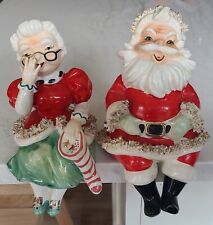 Vintage Lefton Mr and Mrs Santa Claus Shelf Sitter Figurines Spaghetti Trim LG picture