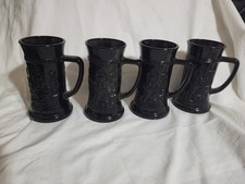 4 Vntg Blk Indiana Glass Embossed German Tavern Scene Beer Mugs/Stein 6
