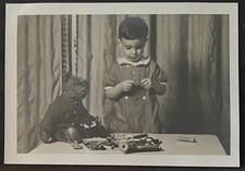 Little Boy with Antique Teddy Bear Playing With wooden blocks Old Photograph picture