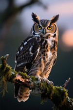 Great Horned Owl Mossy Branch Dusk Wildlife Fine Detail 4X6 Art Print picture