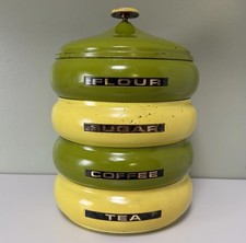 Vintage 70’s Pagoda Beehive Canister Set Enamel Metal Yellow Green Retro Kitchen picture