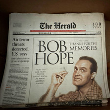 The Herald Newspaper Front Page - Bob Hope 