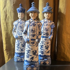 Chinese Blue White 3 Standing Ching Qing Emperor Kings Figure Set picture