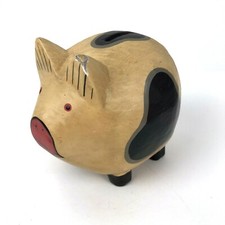 Vintage Wood Pig PIGGY BANK Hand Painted Chippy Primitive Farmhouse Decor picture
