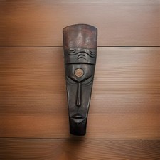 Hand Carved Wooden African Mask Tribal Wall Art Sculpture Inlaid Brass Forehead picture