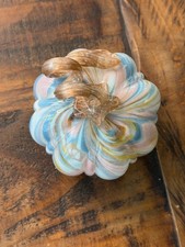 Vintage Hand Blown Art Glass Candy Dish Bowl Pastel Blue Pink White Gold Swirl picture