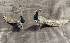 Pair Silver Tone Enamel Peacock Figurines Hand Painted Decorative Birds picture