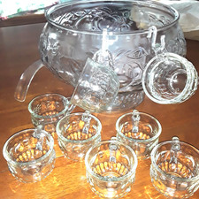 Punch Bowl 8 Handled Cups Glass Vintage 1 Plastic Ladle 3 plastic hangers picture