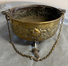 Antik/Vtg (ca. e1900s?) Brass Hanging Jardiniere/Planter w/Chain & Screw Hook picture