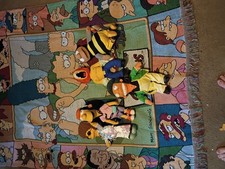 RARE Vintage Simpsons lotWoven Tapestry Fringe Throw Blanket and 5 people  picture