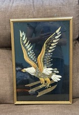 Pre Owned Vintage RAISED CLOTH AND METAL ACCENTS EAGLE ARTWORK IN AN OAK FRAME  picture