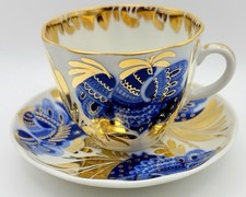Vintage Lomonosov USSR Blue Golden Garden Bird Demitasse Cup & Saucer; Teacup picture
