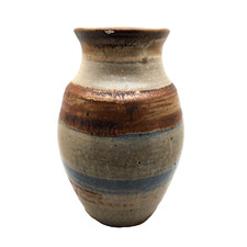 Studio Art Clay Pottery VASE Beige Brown Blue Toned 9