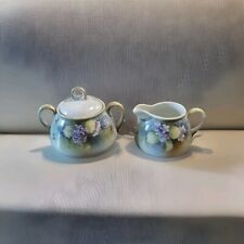 Antique Hand Painted Purple Violet Flowers Decorate Cream and Sugar Set picture