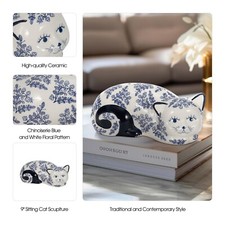 Blue & White Cat Figurine Floral Porcelain Style Decorative Kitty Home Decor picture