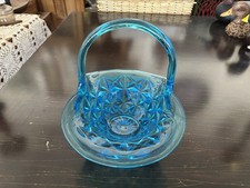 Vintage Blue Glass Basket Daisy Button Pattern Scalloped Rim Decorative Bowl picture