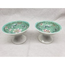 Pair Vintage Chinese Famille Rose Turquoise Ground Double Happiness Stem Cups picture