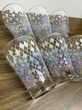 Set Of 6 Atomic White Blue Purple MCM Style Diamond 4 3/8” Flared Juice Glasses picture