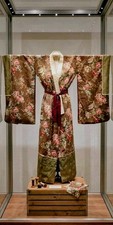 Handcrafted Art Kimono Robe Upcycled Vintage Japanese Textiles Floral Rose Brown picture