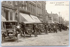 Postcard IL Savanna Illinois Main Street Ford Model T Cars Lined Up P19D picture
