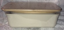 2 Cream-colored Bread Bins w/Bamboo Wood Cutting Board Lids - Brand new/sealed picture