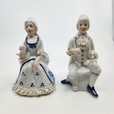 2 Vintage Colonial Victorian Seated Porcelain Figurines Ruffled Sleeves Couple picture