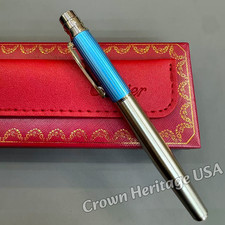 CARTIER Blue Fluted Cap Rollerball Pen Silver Tone Barrel with Box & Refill picture