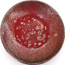 Vintage Enamel on Copper Trinket Dish Red Gold Speckled Blue Mid Century Modern picture