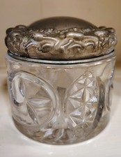 Antique 1880-1890 Ornate Cut Glass Jar With Silver Lid picture