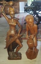 Vintage 1960s Signed Handcarved Wooden Figurines Haiti Women Man Playing Drum picture