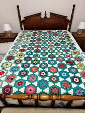 Vintage Hand Pieced Grandmothers Flower Garden Quilt Topper Cotton approx. 83x54 picture