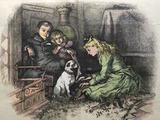 1881 THOMAS NAST HARPER’S WEEKLY CHRISTMAS ENGRAVING CHILDREN PUG DOG (GREEN) picture