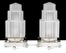 Pair French Art Deco Skyscraper Lamps 1930s Frosted Glass Chrome Boudoir Lights picture