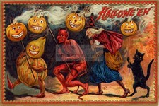 HALLOWEEN WITH DEVIL WITCH PUMPKINS BLACK CAT 1920S REPRINT 4X6 POSTCARD PHOTO picture