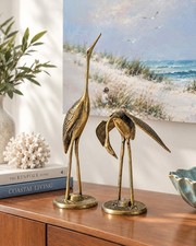 VINTAGE MCM SOLID BRASS CRANE FIGURINES  (2) COASTAL/TROPICAL DECOR picture