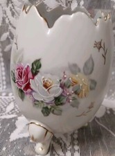 Vintage Porcelain Open Egg Vase Gold Trim Footed Handpainted Floral 6