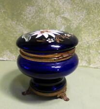 1900's  Antique Bohemian Cobalt Blue Glass Footed Trinket Jar - Enamel, Powder picture
