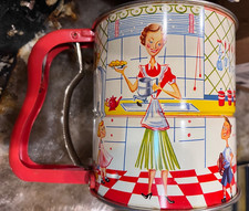 Vintage Androck Hand-i-Sift 3 Screen Flour Sifter 1950s Kitchen Scene Tin Red picture